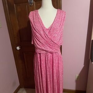 Pink and white sleeveless dress.